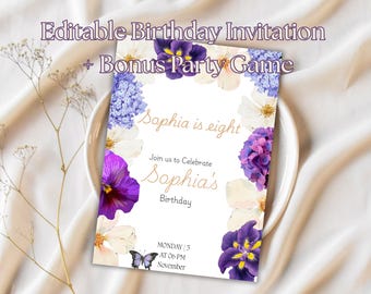 Floral Girl Birthday Invitation Template: Editable Canva Party Games (Digital Download)