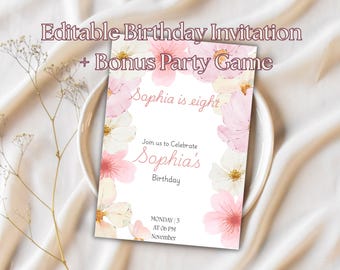 Floral Girl Birthday Invitation: Editable Canva Template + Party Games (Digital Download)