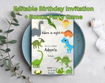 Dino Birthday Invitation | Editable Kids Party Invite, Bonus Games (Digital Download)