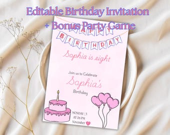 Pink Birthday Invitation Template: Girl Party Games (Digital Download)