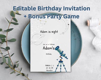 Cosmos Birthday Invitation | Editable Kids Party Invite + Games (Digital Download)
