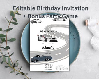 Editable Car Birthday Invitation | Kids Party, Bonus Games (Digital Download)