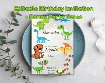 Dino Birthday Invitation | Editable Kids Party Invite + Games (Digital Download)