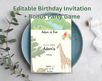 Safari Birthday Invitation | Editable Kids Party Invite + Games (Digital Download)