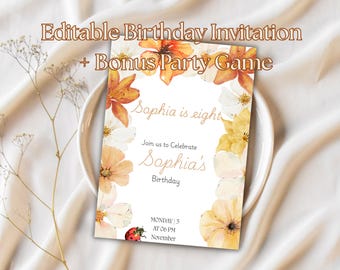 Floral Birthday Invitation Template: Girl's Party Games (Canva Editable, Digital Download)