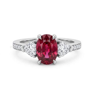 Oval Ruby Lab Diamond Engagement Ring | 14K White Gold Three Stone Bridal Ring