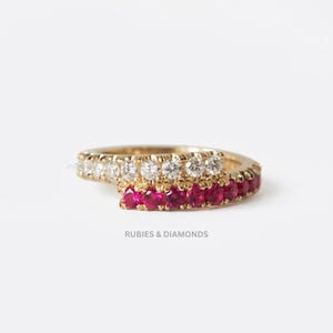 Ruby & Diamonds Double Row Wrap Ring, Yellow Gold Pinky Stacking Statement