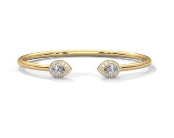 Pear Diamond Open Cuff Bracelet – 14K Gold Minimalist Bangle