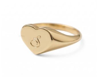 14K Solid Gold Heart Signet Ring, Engraved Initial Pinky Ring