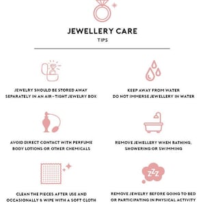 Pode incluir: Gr&aacute;fico branco com ilustra&ccedil;&otilde;es cor-de-rosa e texto que fornece dicas de cuidados com joias. As dicas incluem guardar joias em uma caixa herm&eacute;tica, evitar &aacute;gua e produtos qu&iacute;micos e limpar as pe&ccedil;as com um pano macio.