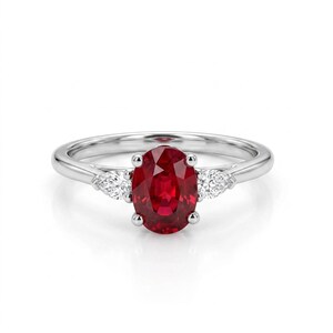 Oval Ruby & Lab Diamond Three Stone Ring in 14K White Gold | Minimalist Ruby Engagement Ring | July Birthstone Ring | Dainty Bridal Jewelry