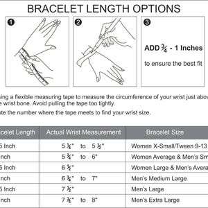 K&ouml;nnte beinhalten: Diagramm zur Messung des Handgelenkumfangs f&uuml;r Armb&auml;nder. Enth&auml;lt Anweisungen und eine Tabelle mit Armbandl&auml;nge, tats&auml;chlichem Handgelenkumfang und Armbandgr&ouml;&szlig;e f&uuml;r Damen und Herren. Text: "ARMBANDL&Auml;NGENOPTIONEN".