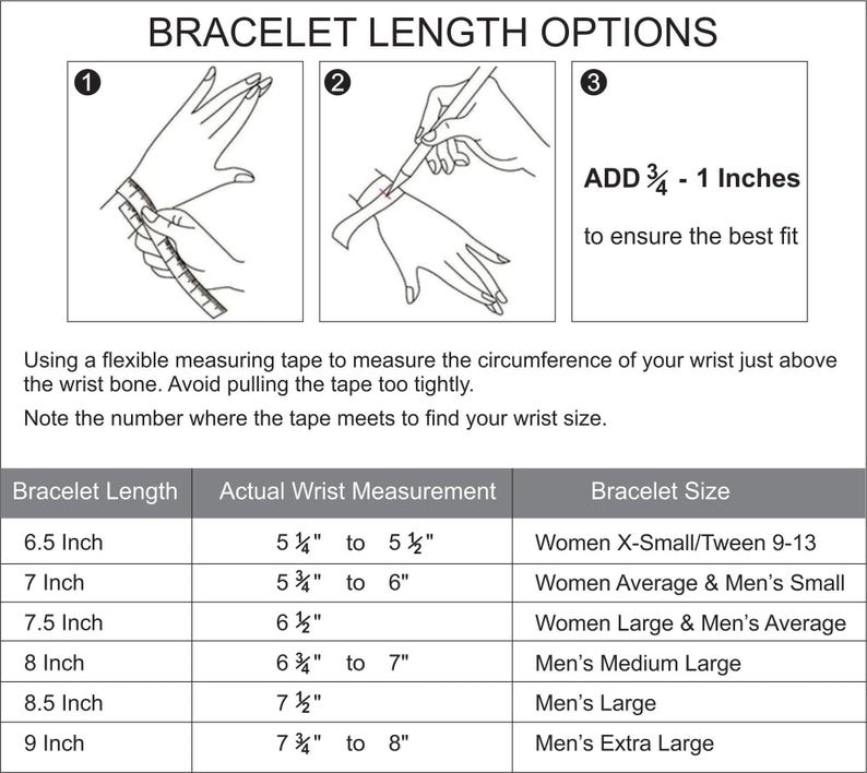 K&ouml;nnte beinhalten: Diagramm zur Messung des Handgelenkumfangs f&uuml;r Armb&auml;nder. Enth&auml;lt Anweisungen und eine Tabelle mit Armbandl&auml;nge, tats&auml;chlichem Handgelenkumfang und Armbandgr&ouml;&szlig;e f&uuml;r Damen und Herren. Text: "ARMBANDL&Auml;NGENOPTIONEN".