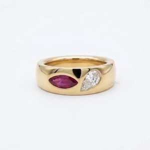 Marquise Ruby Pear Lab Diamond Ring, 14K Gold Signet Band, Modern Fine Jewelry