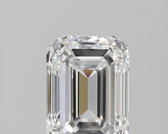 May include: A clear, colourless, rectangular emerald-cut gemstone featuring a series of parallel facets that create a stepped, geometric appearance. The stone displays high clarity and sharp, linear reflections throughout its structured, multi-faceted surface.