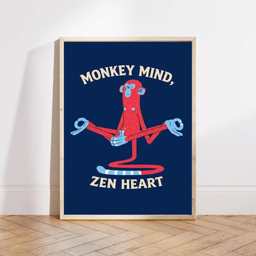 Zen Monkey Meditation Poster, Monkey Mind Zen Heart Print, Yoga Studio ...