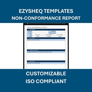 May include: A digital template for a Non-Conformance Report, with fields for details, corrective actions, and root cause analysis. The document is customizable and ISO compliant, with a dark blue and white color scheme.