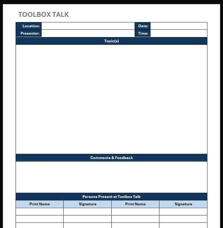 Toolbox Talk Form Template - Simple & Customizable | EZYSHEQ - Etsy