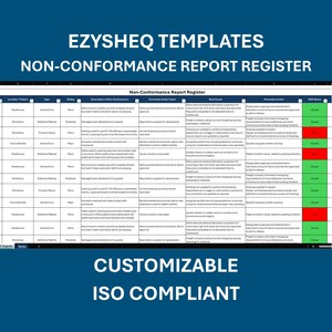 May include: A digital document titled "NON-CONFORMANCE REPORT REGISTER" with a blue header and footer. The document is a table with multiple columns and rows, displaying data with green and red highlights. Text on the image includes "EZYSHEQ TEMPLATES" and "CUSTOMIZABLE ISO COMPLIANT."