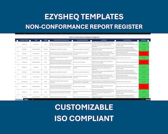May include: A digital document titled "NON-CONFORMANCE REPORT REGISTER" with a blue header and footer. The document is a table with multiple columns and rows, displaying data with green and red highlights. Text on the image includes "EZYSHEQ TEMPLATES" and "CUSTOMIZABLE ISO COMPLIANT."