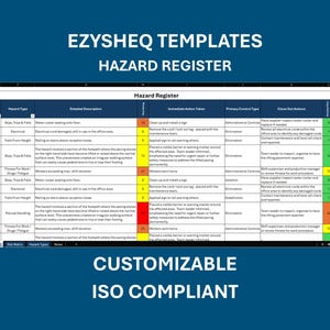 Può includere: Un modello digitale intitolato "Registro dei rischi" con intestazione e piè di pagina blu. Il modello è un foglio di calcolo con colonne per il tipo di rischio e l'azione immediata. Il testo sull'immagine include "EZYSHQ TEMPLATES" e "PERSONALIZZABILE ISO COMPLIANT".