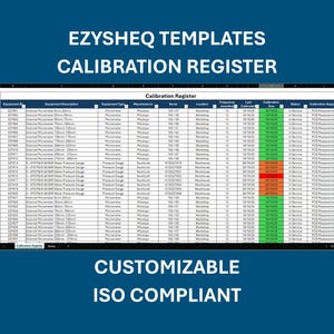 May include: A digital spreadsheet labelled "Calibration Register" with data entries. The document is labelled "EzySheq Templates" and "Customisable ISO Compliant." The spreadsheet has columns for equipment, calibration dates, and status, with green and red highlighting.