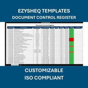 May include: A document control register template with the text "EZYSHQ TEMPLATES DOCUMENT CONTROL REGISTER". The spreadsheet is labeled "Document Control Register" and is "CUSTOMIZABLE ISO COMPLIANT".