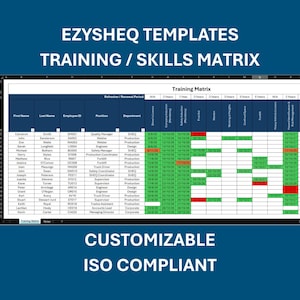 May include: A digital training matrix template with the text "EzySheq Templates Training / Skills Matrix". The spreadsheet is customisable and ISO compliant. The matrix includes employee names, positions, and training status.