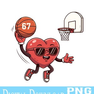 K&ouml;nnte beinhalten: Eine Cartoon-Herzfigur mit Sonnenbrille und roten Turnschuhen, die einen Basketball mit der Nummer 67 dribbelt. Ein Basketballkorb befindet sich im Hintergrund. Die W&ouml;rter "DIGITALER DOWNLOAD" und "PNG" stehen unten.