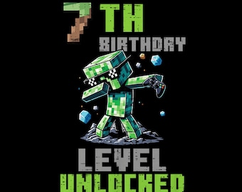 Level 7 Unlocked Funny Birthday Boy Pixel Gamer Png, 7th Birthday Gift Design download.