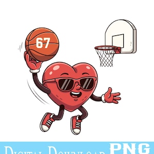 K&ouml;nnte beinhalten: Eine Cartoon-Herzfigur mit Sonnenbrille und roten Turnschuhen, die einen Basketball mit der Nummer 67 dribbelt. Ein Basketballkorb befindet sich im Hintergrund. Die W&ouml;rter "DIGITALER DOWNLOAD" und "PNG" stehen unten.