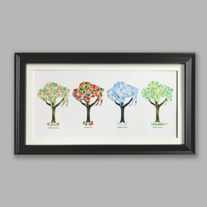 May include: Framed print of four trees, each representing a different season. The trees are made of colorful dots and have a whimsical style. The seasons are labeled "Summer", "Fall", "Winter", and "Spring".