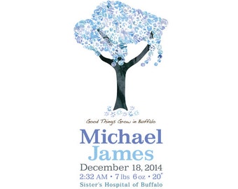 Personalized Winter Buffalo Tree -  Nursery Art  8"x10"