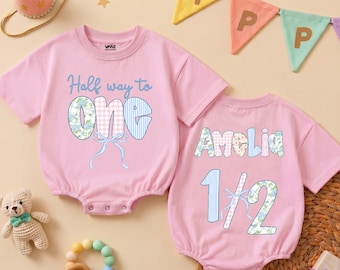 Personalized Floral Half Birthday Girl Bubble Romper, Custom Half Way To One Outfit, 1/2 Birthday Baby Bodysuit, 6 Month Milestone Clothes