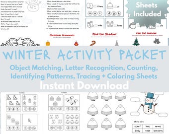 May include: A winter activity packet for toddlers with object matching, letter recognition, counting, and coloring sheets. The pages include a snowman, winter facts, and spelling exercises. The packet includes 28 sheets and is an instant download.