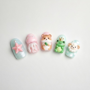 Handmade Kawaii Press On Nails | 3D Starfish, Jellyfish, Hamster, Frog & Sheep Nail Art | Cute Pastel Nails For Fun Vibe
