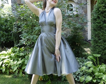 50s circle skirt halter top dress fitted bodice shiny silver grey taffeta vintage reproduction dance dress size S