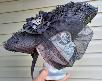 Pirate Tricorn hat fancy black and silver flowers and feathers face veil fascinator Goth Pirate Steampunk Pirate Jenny