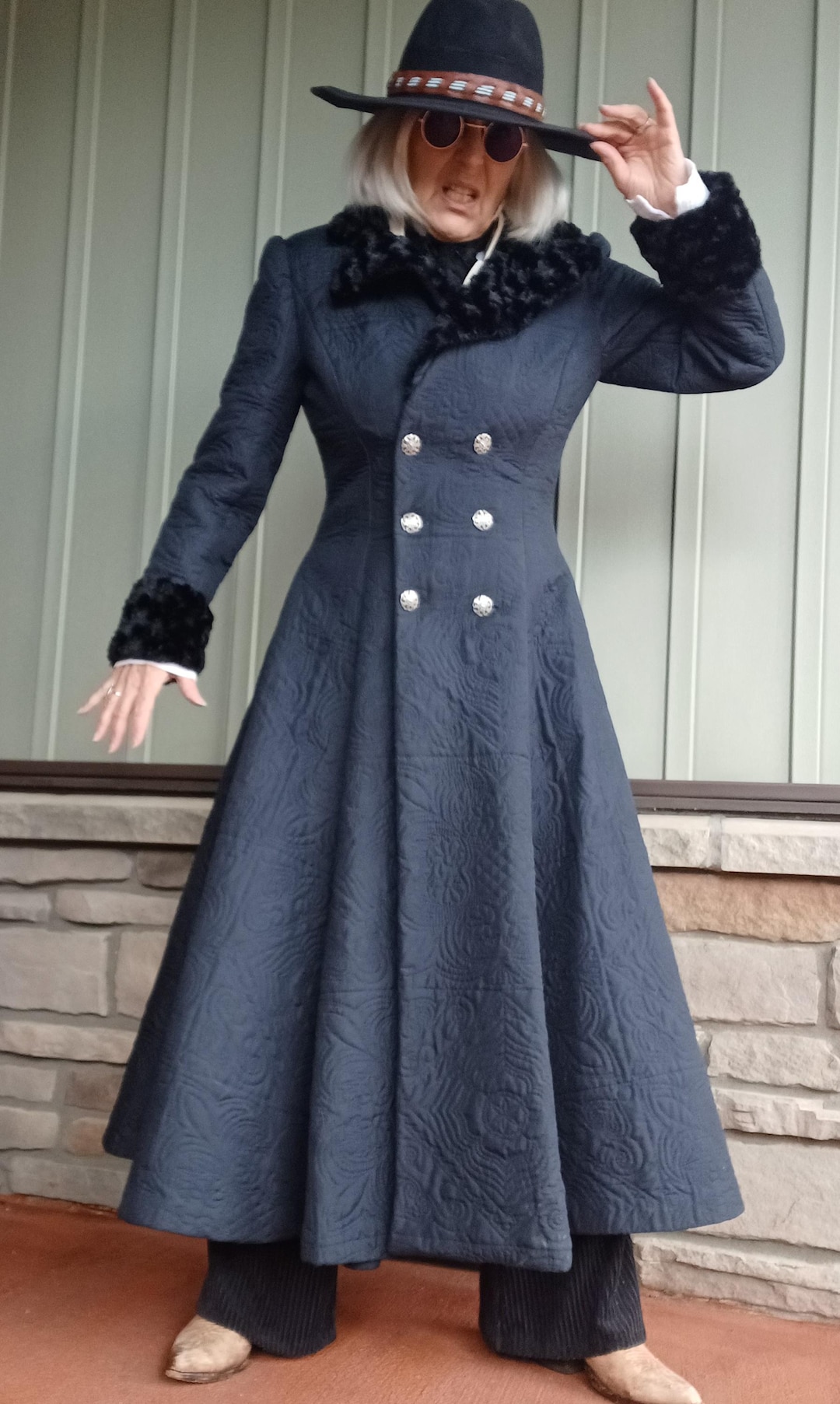 Black Victorian Quilted Greatcoat Double Breasted Fit and Flare