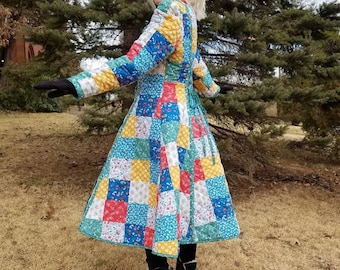 Abrigo acolchado de retazos coloridos, reversible, de corte entallado y acampanado, estilo fantasía boho cottagecore, cuento de hadas, elfo, hobbit, talla S