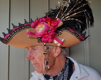 Pirate Princess tricorn hat fancy feathers and flowers gold pink and black size M