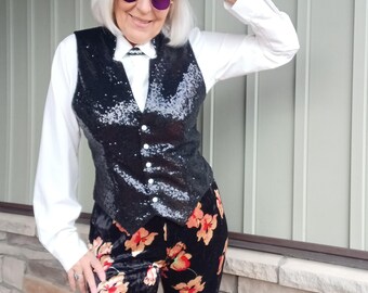 Black sequin vest weskit Victorian style Cabaret magician musician show costume size S/M