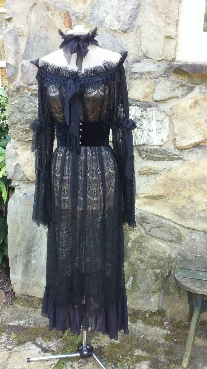 Sexy See Through Black Lace Vampire Witch Dress Victorian Gothic Interview  Vampire Bride Velvet Waist Cincher Neck Choker Romantic Steampunk -   Canada