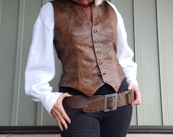 Brown distressed leather vest Lady gunfighter Wild West Victorian fitted style size S/M handmade one-of-a-kind
