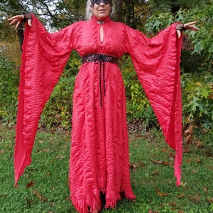 Sexy red medieval gothic gown long dress evil queen vampire GOT cosplay costume fire dress high neck empire waist angel sleeves size S