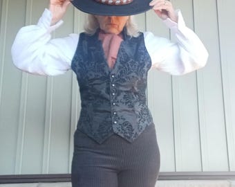 Chaleco formal ajustado negro para mujer, estilo pistolero, reproducción victoriana del lejano oeste, terciopelo y damasco.