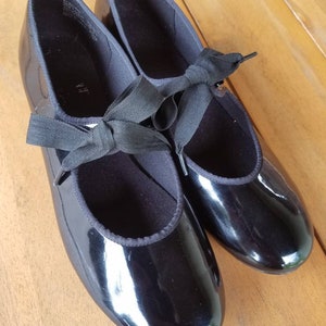 Vintage Black Patent Tap Dance Shoes Low Heel Maryjane Style Ribbon Tie ...