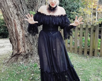 Gothic witch vampire bride black chiffon and lace off the shoulder full skirt peasant style