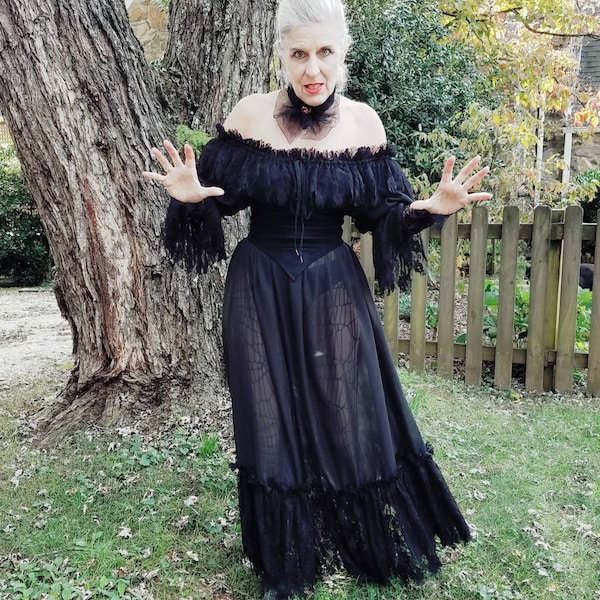 Gothic witch vampire bride black chiffon and lace off the shoulder full skirt peasant style