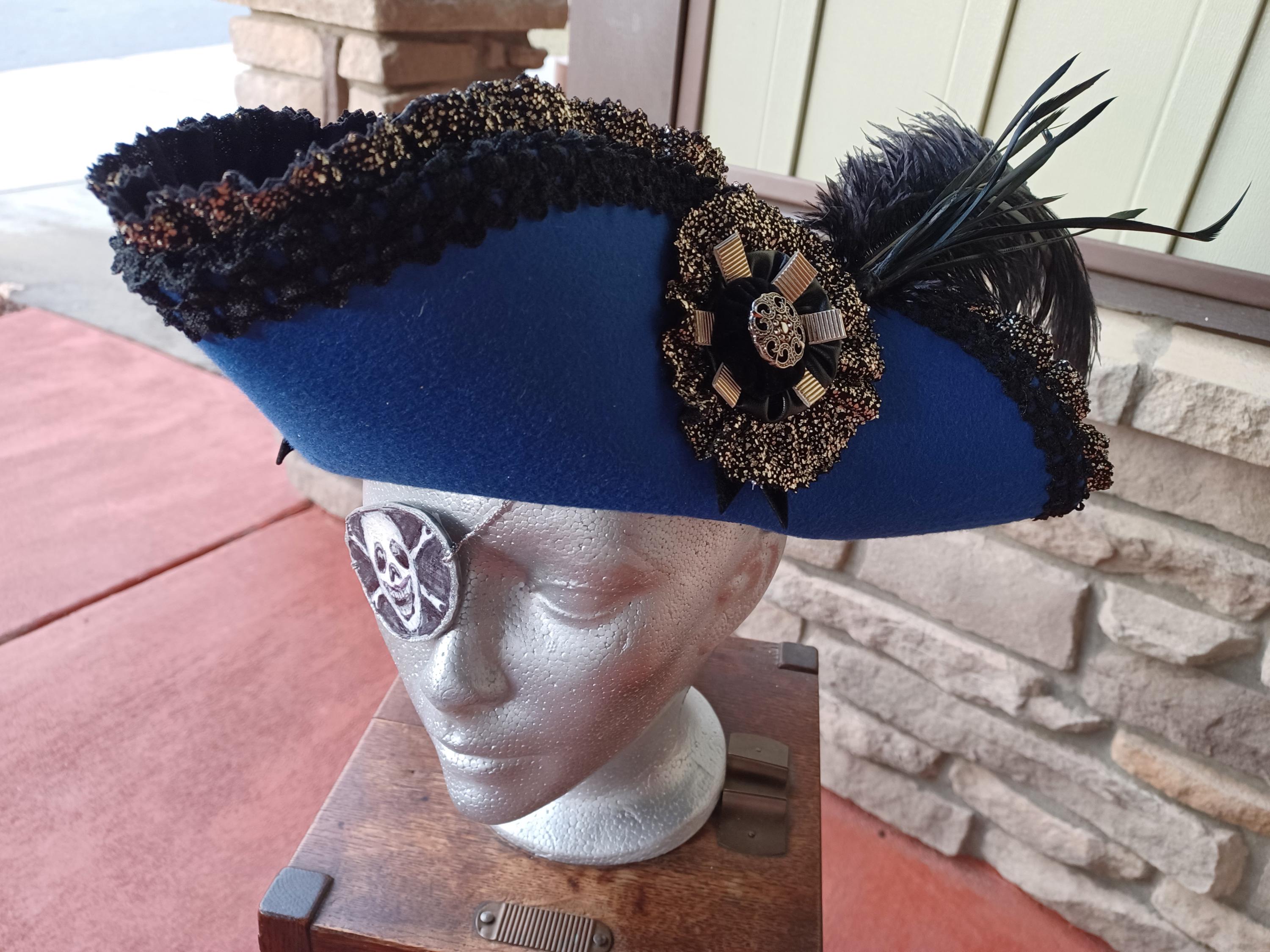 Royal Blue Pirate King or Queen Tricorn Hat Fancy Black and